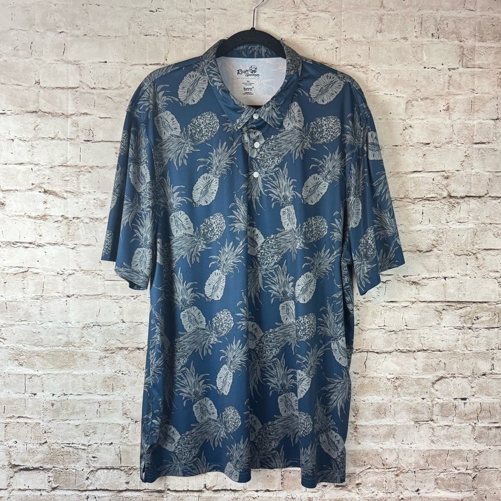 Reyn Spooner 3XL 100% brrr Polyester Short Sleeve Polo Shirt Blue Pineapple LE